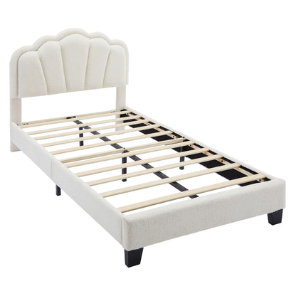 Twin Size Upholstered Flower-Shape Bed, Elegant Flowers Headboard With LED Light Strip, Sherpa Fabric Platform Bed With Slats Support - White