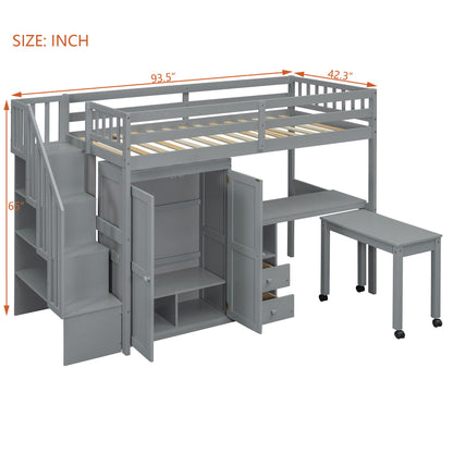 Twin Size Loft Bed With Stairs, Bookshelf, Drawers, Desk & Wardrobe, Space Saving Multifunctional Furniture - Gray