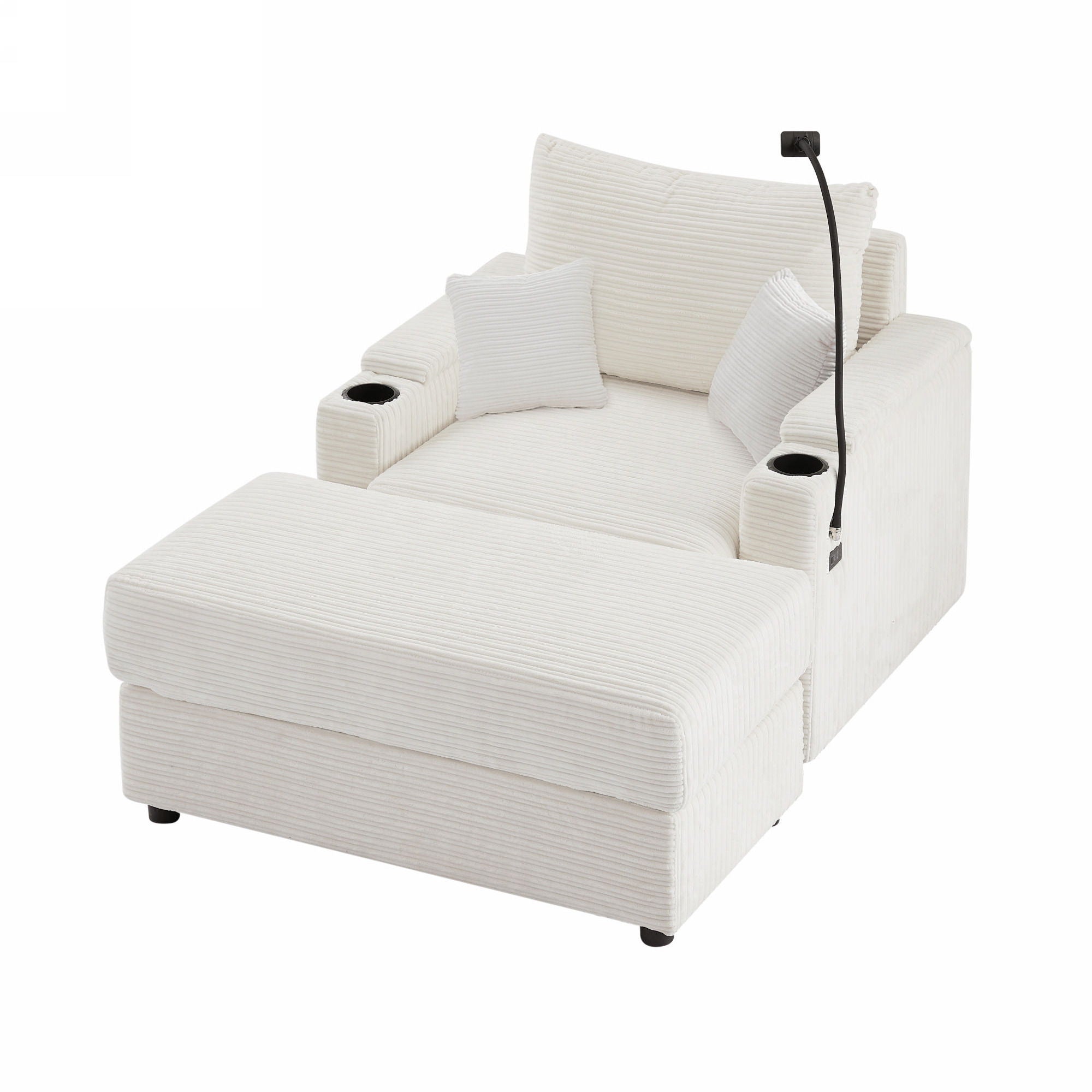 Modern Style Single Sofa Sofa Couch With Storage Space, A Movable Ottoman, Two USB Ports, Two Cup Holders, A Phone Holder For Living Room - Beige