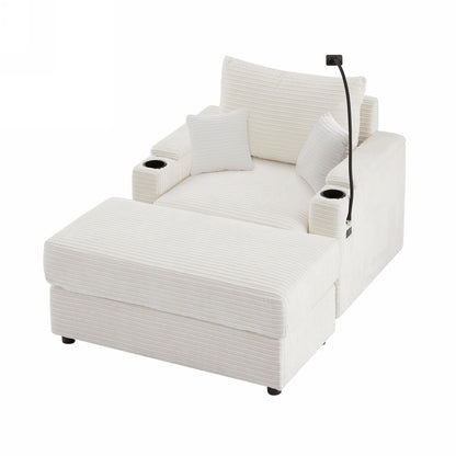 Modern Style Single Sofa Sofa Couch With Storage Space, A Movable Ottoman, Two USB Ports, Two Cup Holders, A Phone Holder For Living Room - Beige
