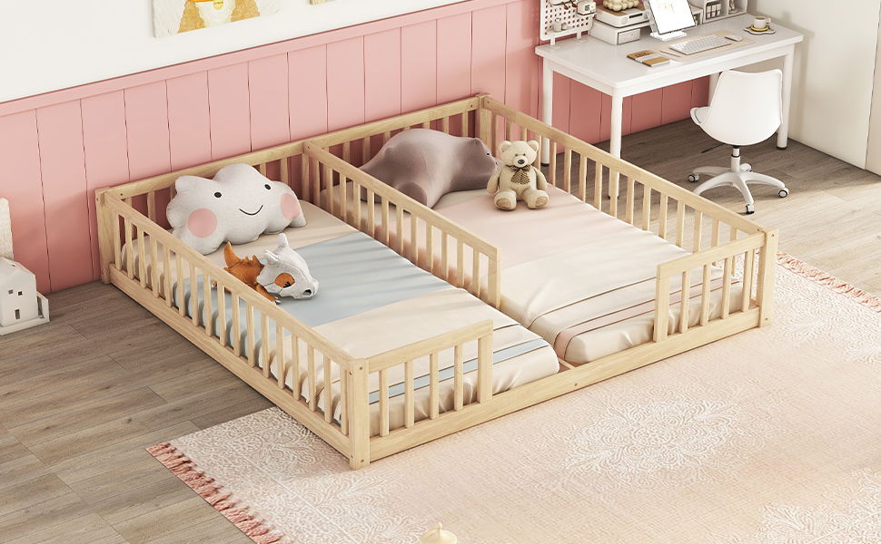 Double Twin Floor Bed With Fence, Guardrails, Without Door - Natural