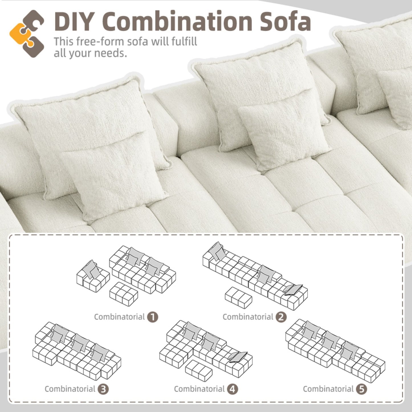 Modern Oversized Modular Sectional Sofa, Sparkling Fabric Soft Cushion Sofa With 6 Pillows, 6 Pieces Diy Combination Tufted Sofa, No Assembly Required - Beige