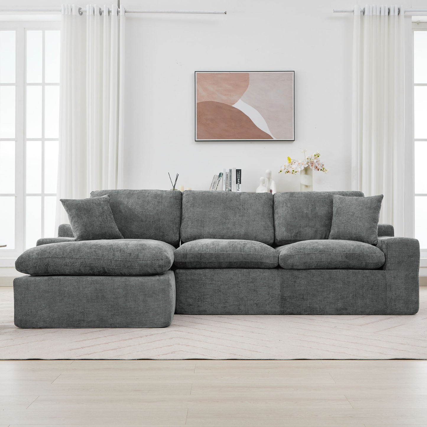 Cloud Sectional Sofa Upholstered Sofa Couch With Double-Layer Cushion And Side Pockets, Free Combined Sectional Sofa Full Compressed Sofa For Living Room - Gray