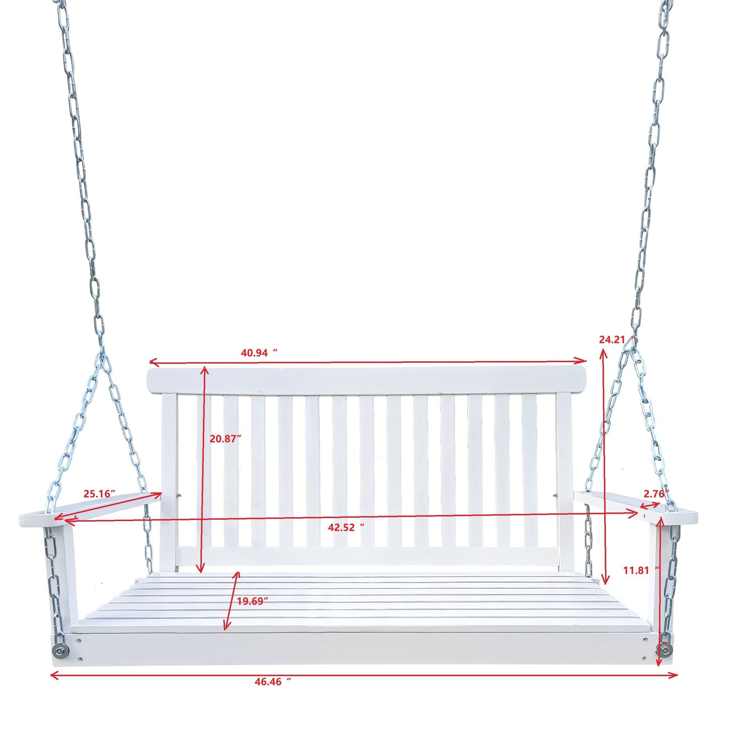 Front Porch Swing With Armrests For Outdoor Patio, Garden Yard, Backyard Or Sunroom - White