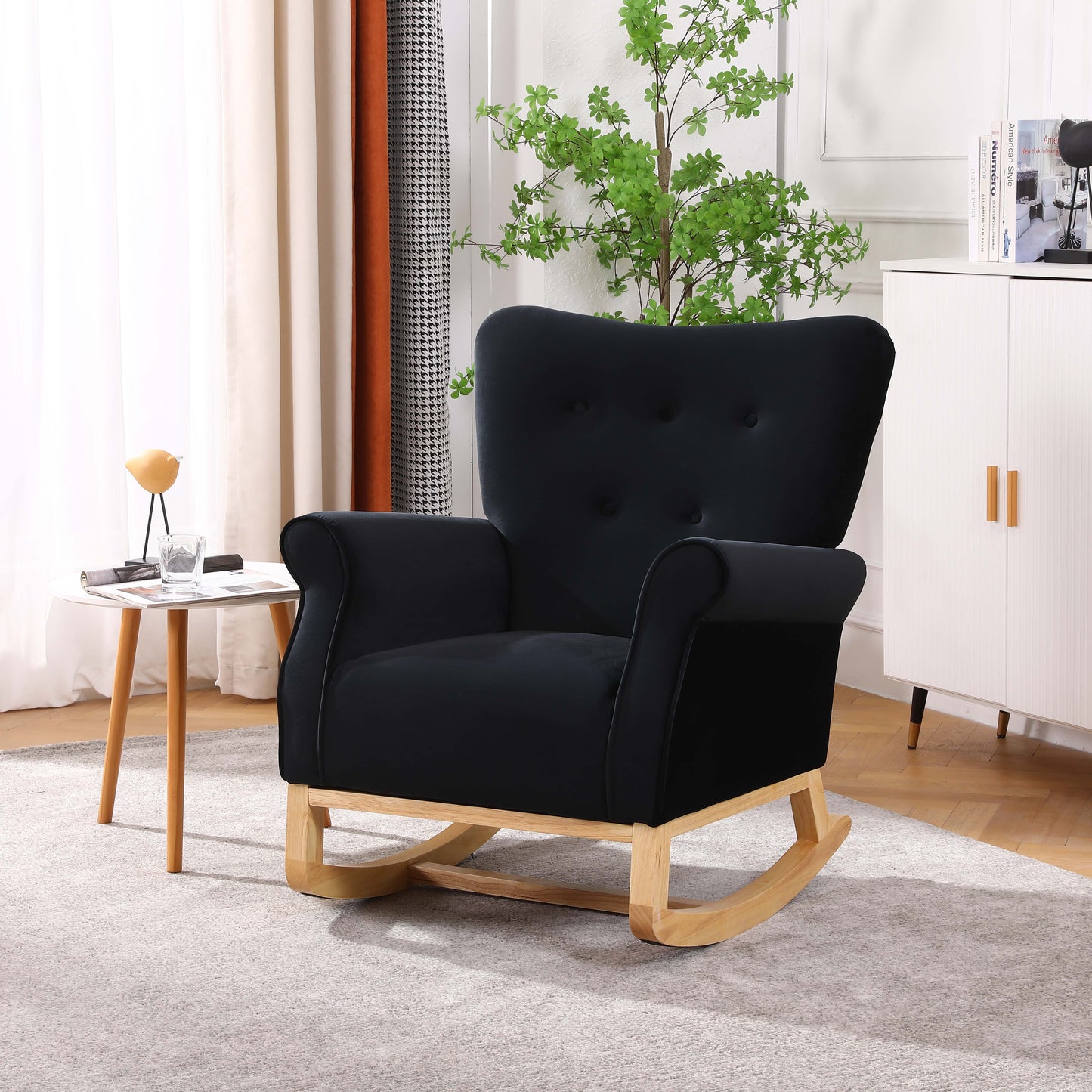Mid-Century Rocker Chair With Wood Legs And Velvet For Livingroom Bedroom - Black