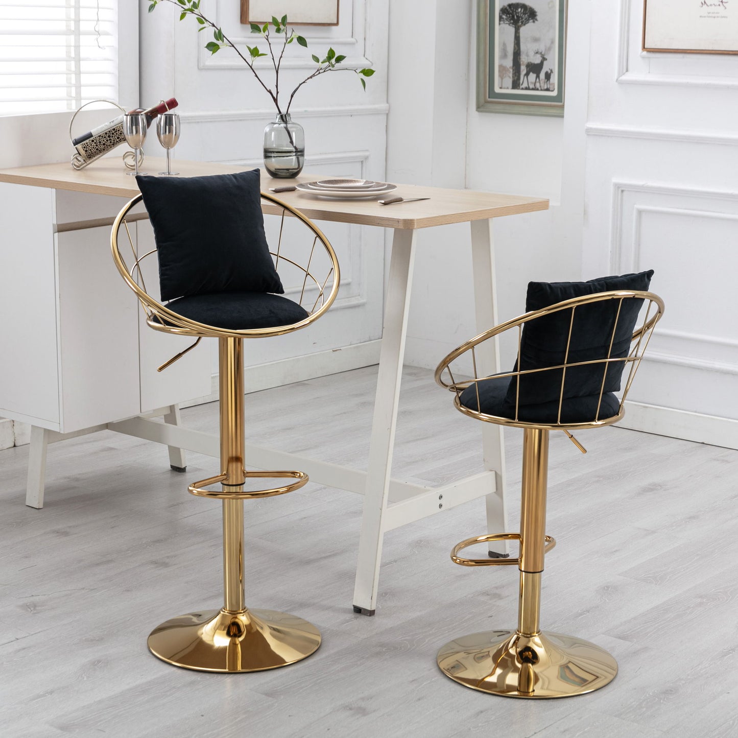 Velvet Bar Chair, Pure Gold Plated, Unique Design, 360 Degree Rotation, Adjustable Height, Suitable For Dining Room And Bar, (Set of 2) - Black