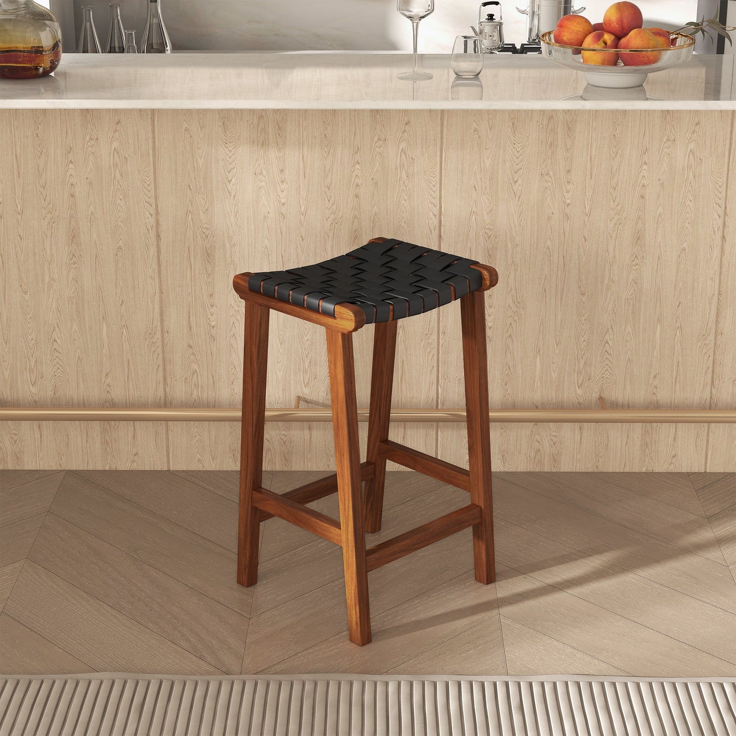 James - Mid-Century Modern Genuine Leather Counter Stool - Black / Brown