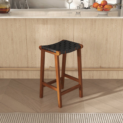 James - Mid-Century Modern Genuine Leather Counter Stool - Black / Brown