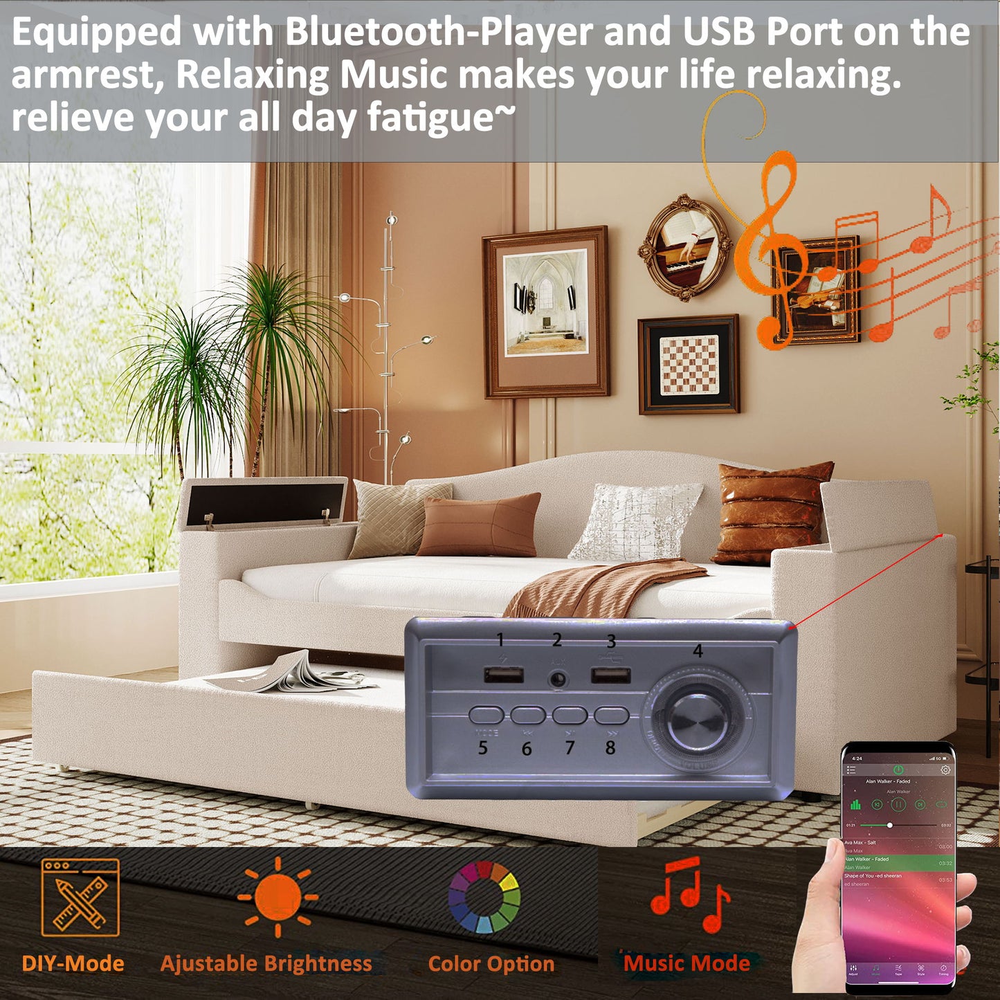 Twin Size Upholstered Daybed With Storage Armrests, Trundle And Latest Integrated Bluetooth Audio System - Beige