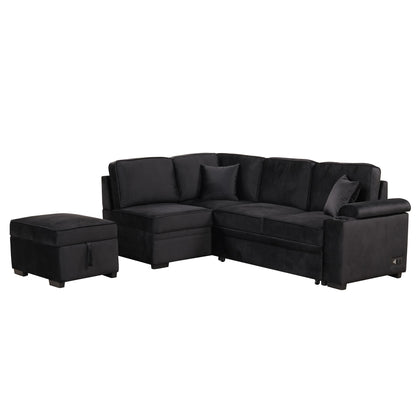 Sleeper Sofa Bed, 2 In 1 Pull Out Sofa Bed L-Shape Couch With Storage Ottoman For Living Room, Bedroom Couch And Small Apartment - Black