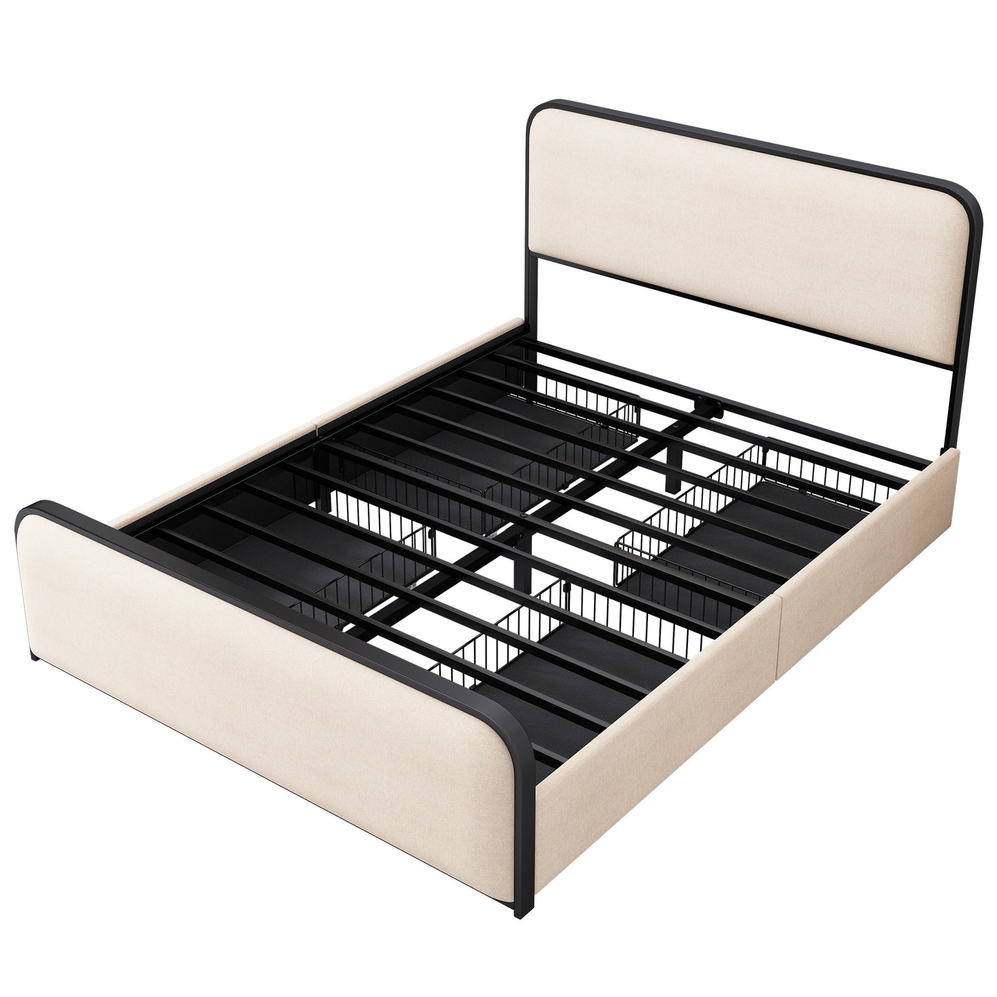 Modern Metal Bed Frame With Curved Upholstered Headboard And Footboard Bed With 4 Storage Drawers, Heavy Duty Metal Slats, King Size - Beige