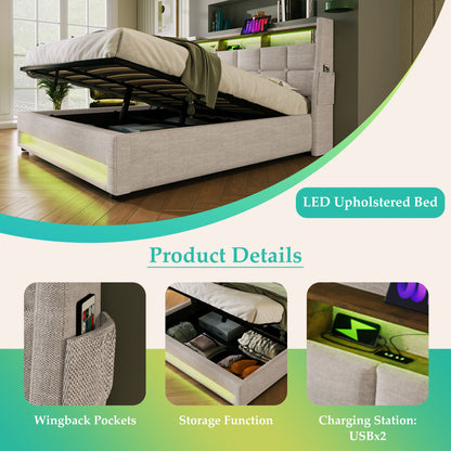 Full Size Upholstered Platform Bed With A Hydraulic Storage System, LED And USB Charging (Without Mattress) - Natural