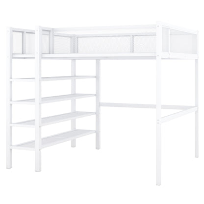 Full Size Loft Bed With 4 Tier Shelves And Storage - White