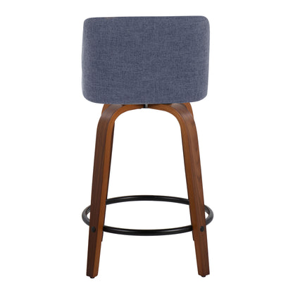 Toriano - Mid-Century Modern Fixed Height Counter Stool & Swivel With Round Footrest (Set of 2) - Walnut / Blue