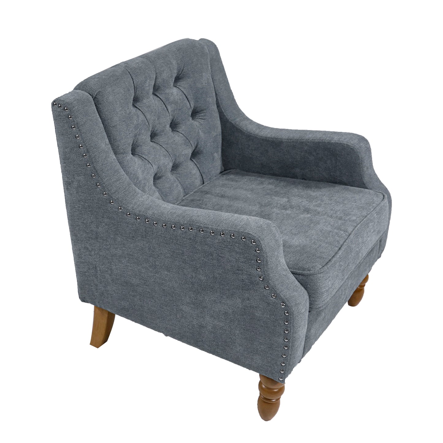 Accent Chair, Living Room Chair, Footrest Chair Set With Vintage Brass Studs, Button Tufted Upholstered Armchair For Living Room, Comfy Reading Chair For Bedroom, Reception Room - Gray