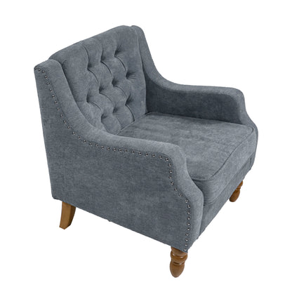 Accent Chair, Living Room Chair, Footrest Chair Set With Vintage Brass Studs, Button Tufted Upholstered Armchair For Living Room, Comfy Reading Chair For Bedroom, Reception Room - Gray