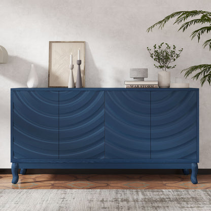 Elegant Sideboard With Sophisticated Wavy Pattern Doors And Arched Groove Design, Adjustable 4 Door Layout - Navy Blue