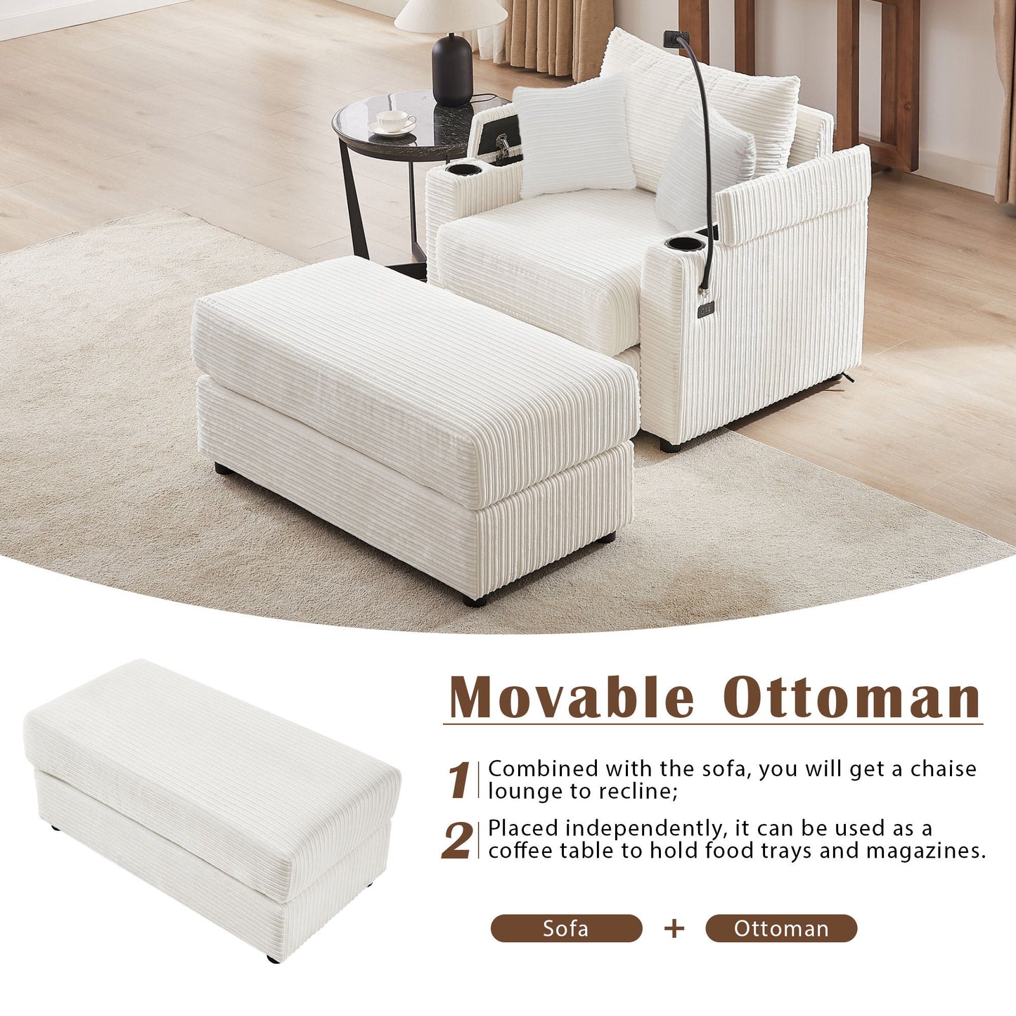 Modern Style Single Sofa Sofa Couch With Storage Space, A Movable Ottoman, Two USB Ports, Two Cup Holders, A Phone Holder For Living Room - Beige