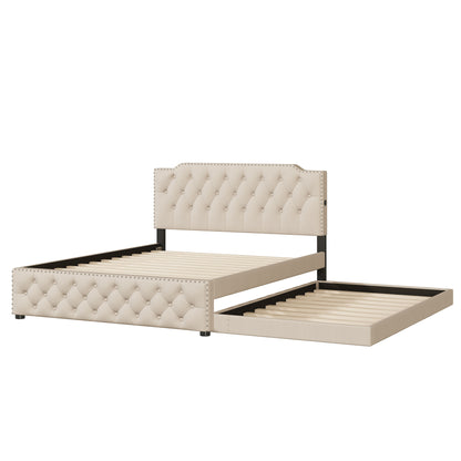 Queen Size Upholstered Platform Bed With Twin Size Trundle And 2 Sets Of USB Ports On Each Side - Beige