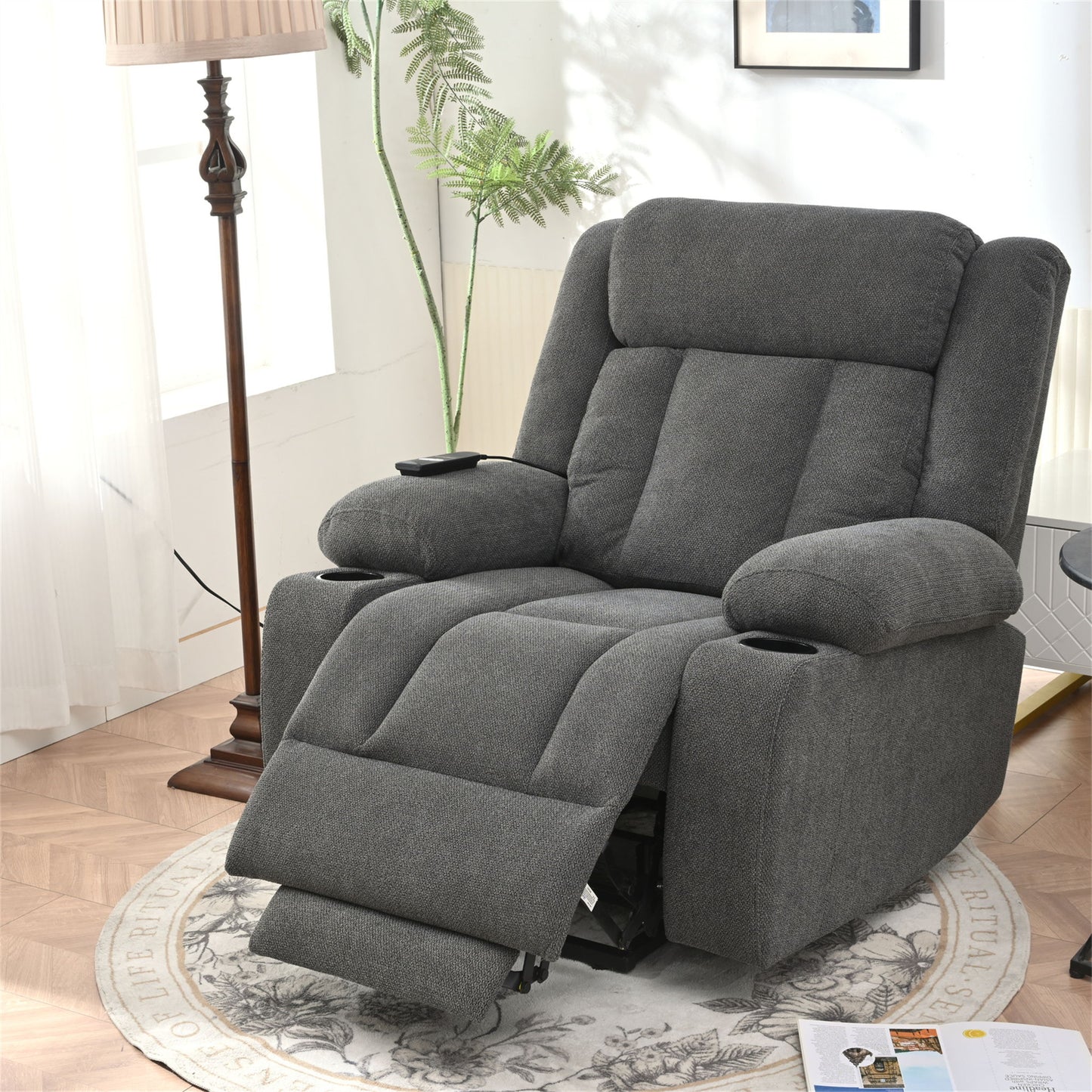 Power Lift Recliner Chair - Fabric Single Sofa With Extended Footrest, Remote Control, Cup Holders, And Side Pockets For Living Room Or Home Theater - Dark Gray
