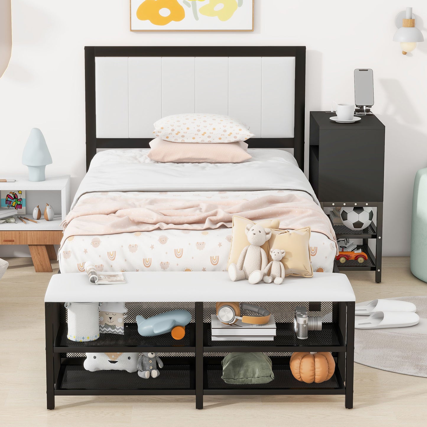 Twin Size Platform Bed With 2 Tier Storage Shelves, Storage Cabinet - Black