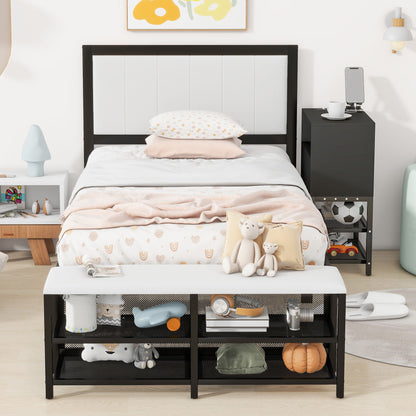 Twin Size Platform Bed With 2 Tier Storage Shelves, Storage Cabinet - Black