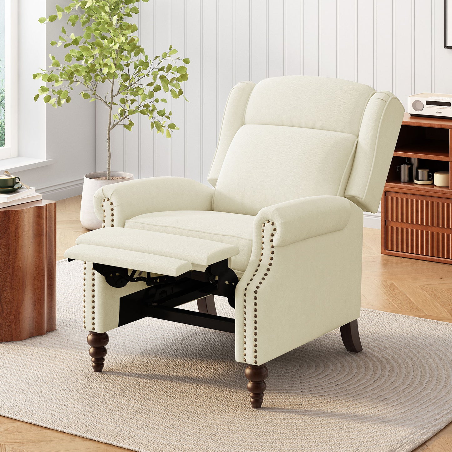 Push Back Recliner Chair Upholstered With Classic Wing Back And Solid Gourd-Shaped Legs For Living Room - Beige