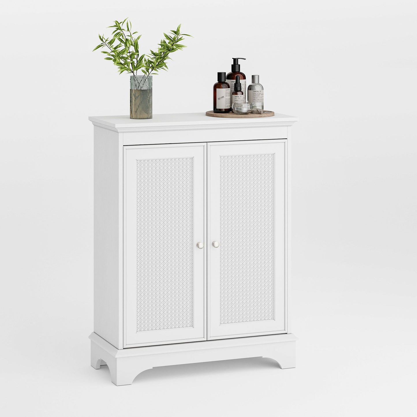 White 2 Door Rattan Storage Cabinet With Adjustable Partition, Medieval Modern Independent Buffet Cabinet, Multifunctional Decorative Cabinet Suitable For Living Room, Kitchen, Bathroom - White