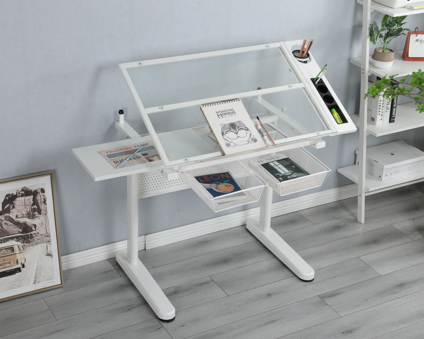 38.18" Hand Crank Adjustable Drafting Table Drawing Desk With 2 Metal Drawers With Stool - White