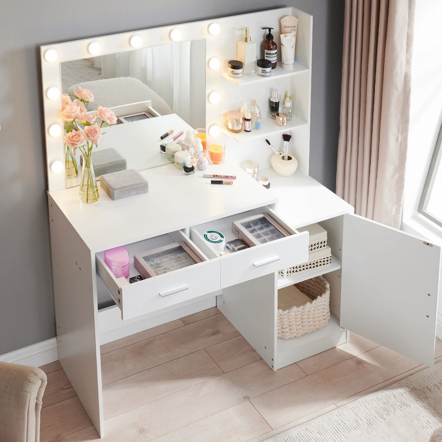 Vanity Desk With Mirror And Lights, 46.4In Dressing Table With 2 Large Drawer & Large Vertical Organizer, 3 Level Dresser & 3 Lighting Modes Adjustable Brightness, Suitable For Bedroom - White