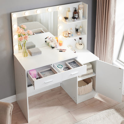 Vanity Desk With Mirror And Lights, 46.4In Dressing Table With 2 Large Drawer & Large Vertical Organizer, 3 Level Dresser & 3 Lighting Modes Adjustable Brightness, Suitable For Bedroom - White