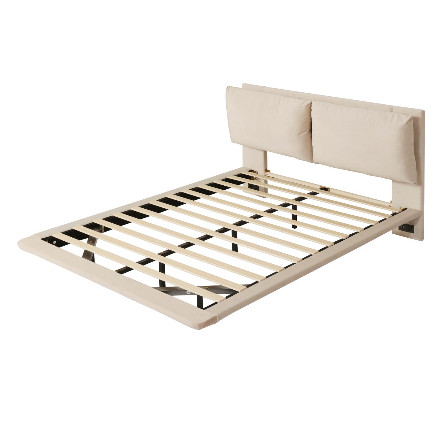 Queen Size Upholstered Platform Bed With Sensor Light And 2 Large Backrests, With 2 Sets Of USB Port And Socket On Each Rear Bed Leg - Beige