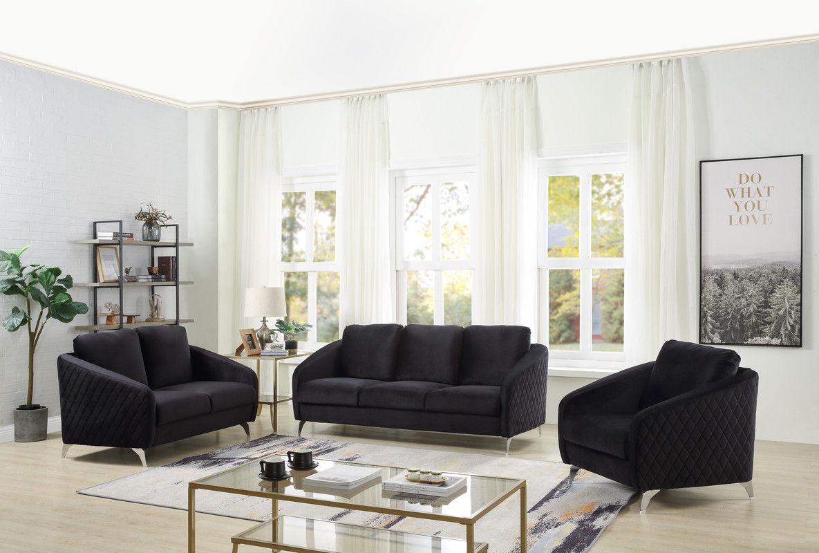 Sofia - Velvet Fabric Sofa Loveseat Chair Living Room (Set of 3) - Black