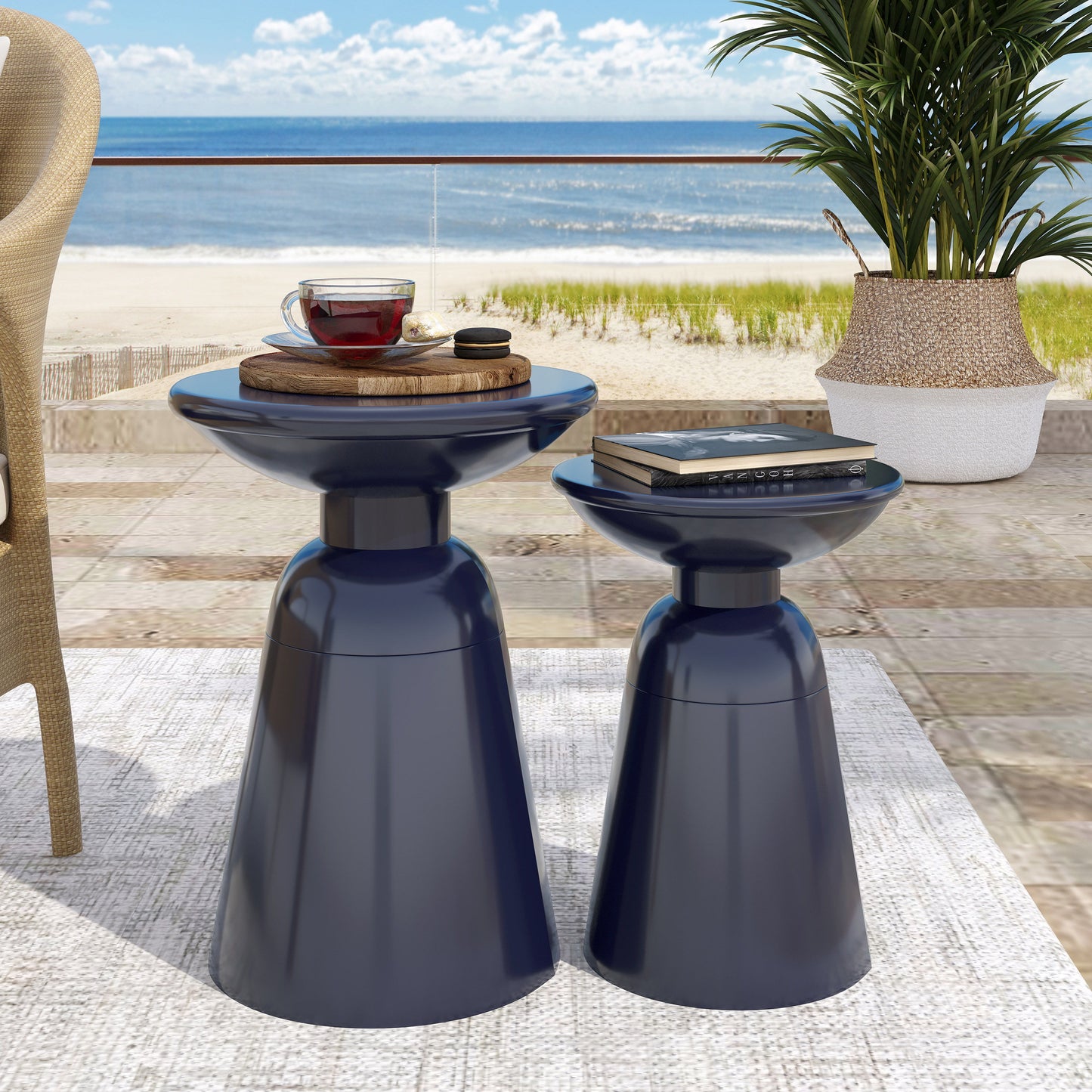 Serenita - Outdoor Iron Side Tables With Flared Design, (Set of 2) - Navy Blue