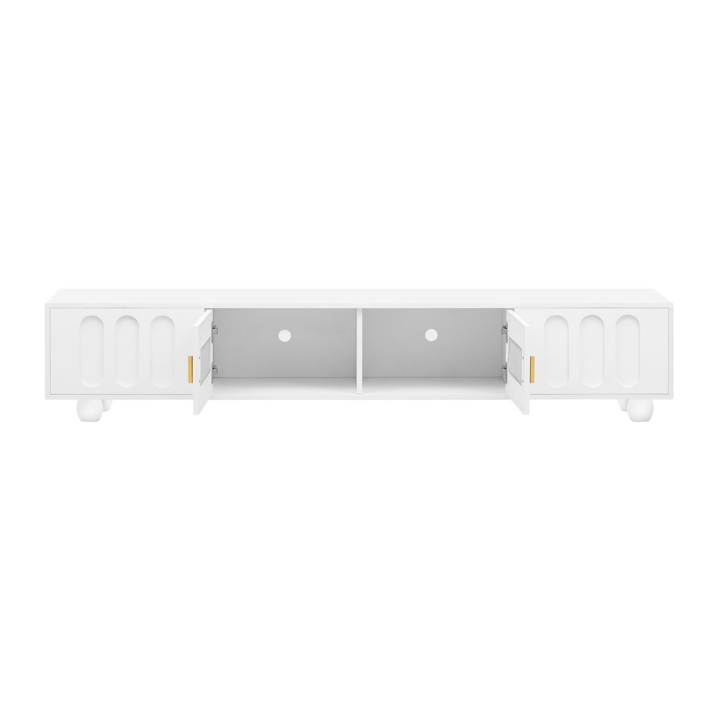 Modern TV Stand For TVs Up To 80", Entertainment Center With Glass Door, 2 Drawers And Cabinets, Wood TV Storage Cabinet With Solid Wood Legs And Metal Handles For Living Room - White