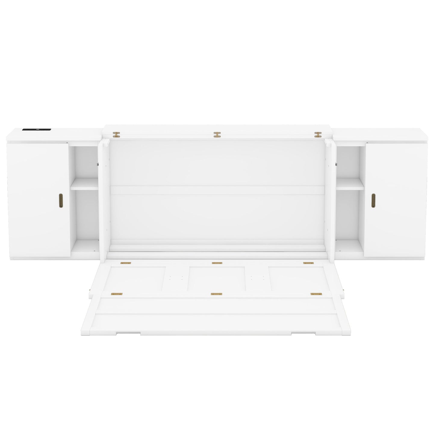 Queen Size Murphy Bed With Shelves, Cabinets And USB Ports - White