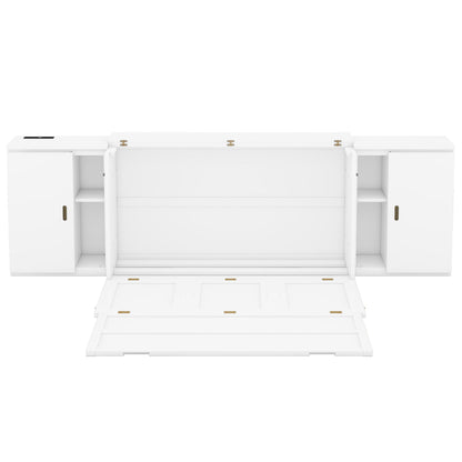 Queen Size Murphy Bed With Shelves, Cabinets And USB Ports - White