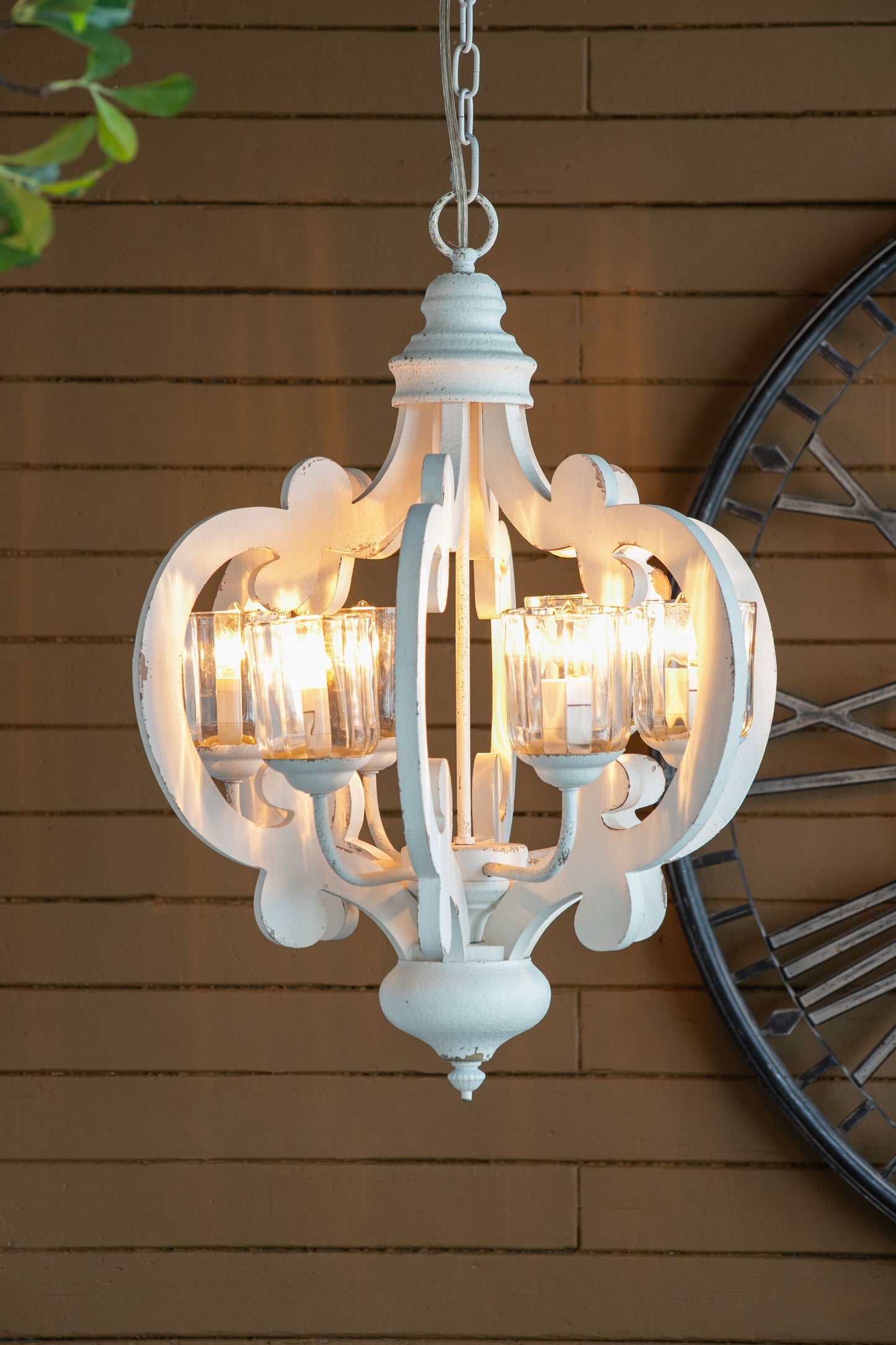 Farmhouse Chandelier, 6 Light Wood Chandelier Pendant Light Fixture With Adjustable Chain For Dining Room Living Room Entryway, Bulb Not Included - Cream