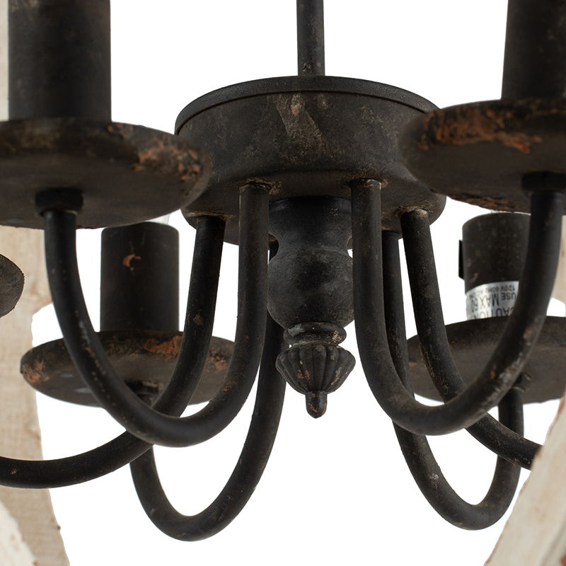 6 Light Wood Chandelier, Hanging Light Fixture With Adjustable Chain For Kitchen, Bulb Not Included - White