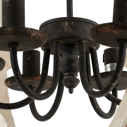 6 Light Wood Chandelier, Hanging Light Fixture With Adjustable Chain For Kitchen, Bulb Not Included - White
