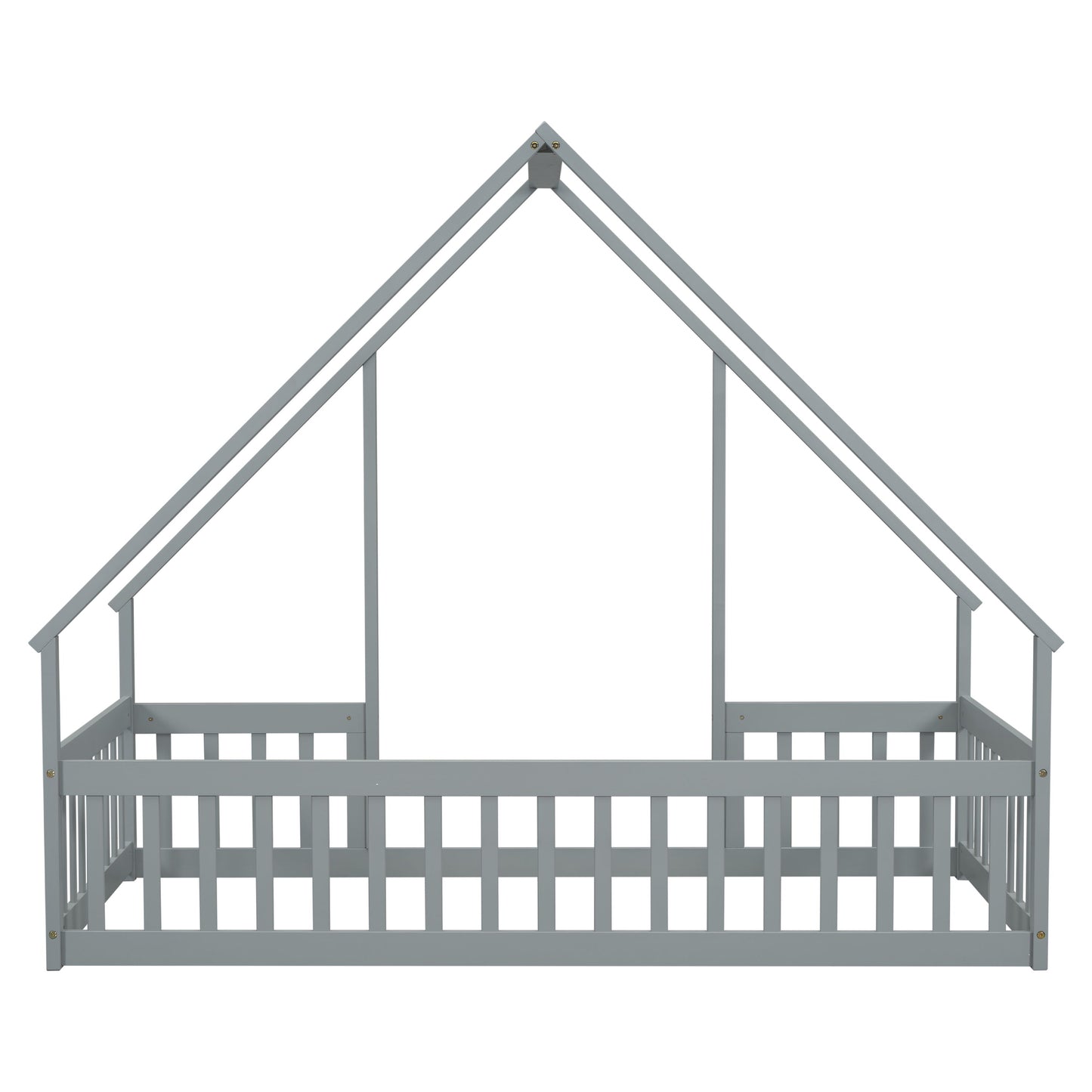 Twin Wood House-Shaped Floor Bed With Fence, Guardrails - Gray