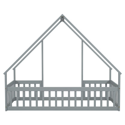 Twin Wood House-Shaped Floor Bed With Fence, Guardrails - Gray