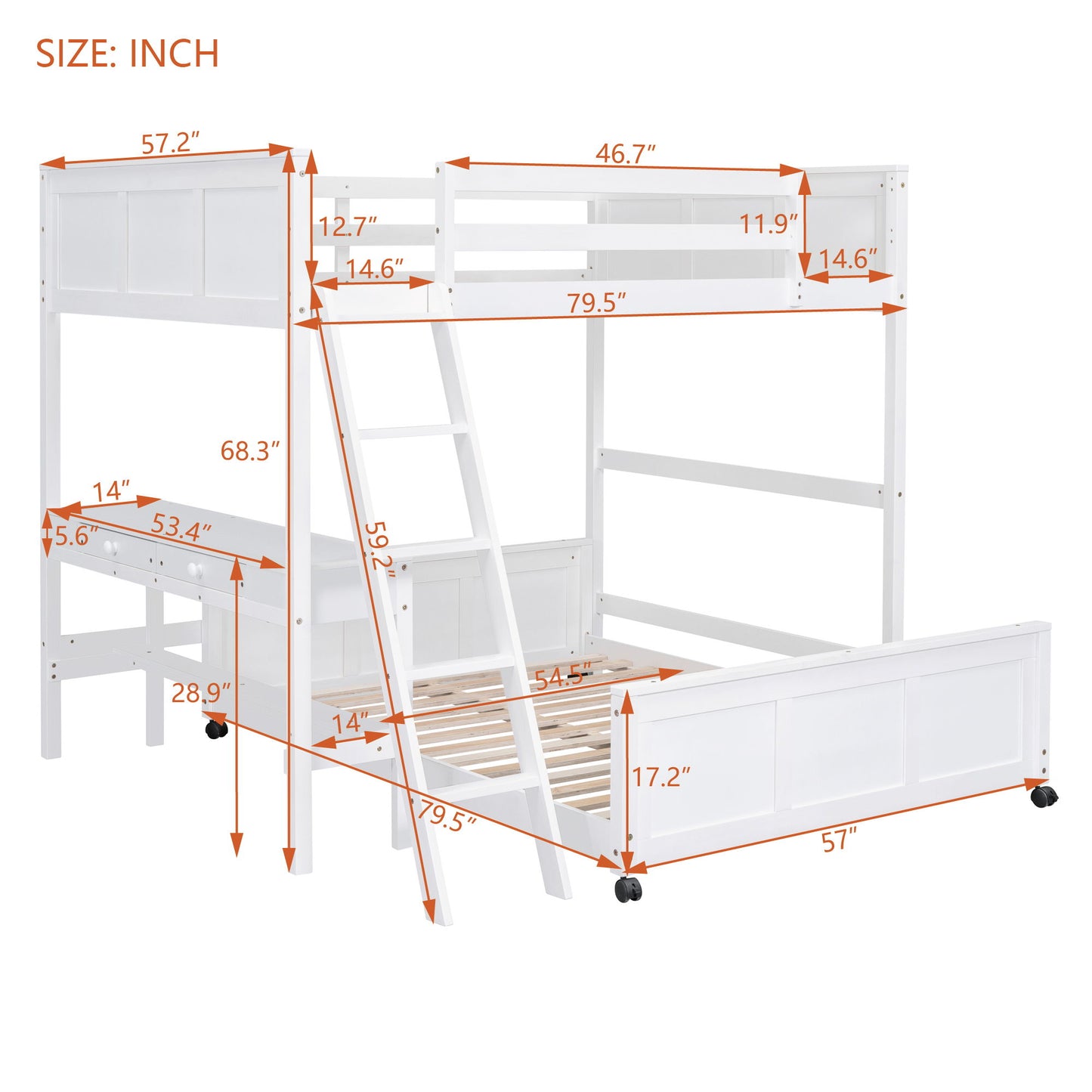 Full Over Full Bunk Bed With Desk - White