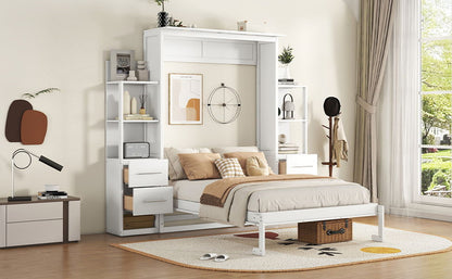 Full Size Murphy Wall Bed With Shelves, Drawers And LED Lights - White