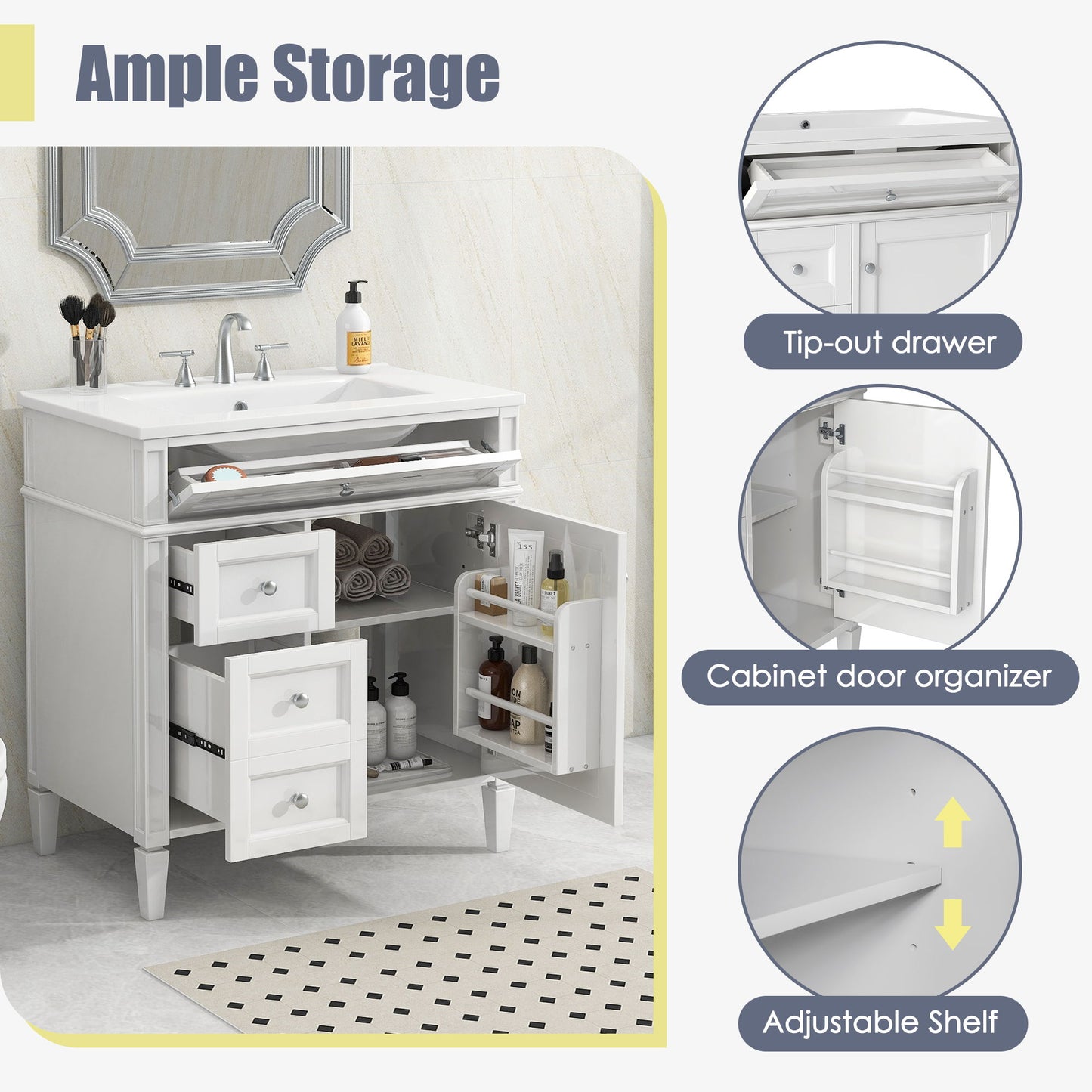 Bathroom Vanity & Top Sink, Modern Bathroom Storage Cabinet, 2 Drawers And A Tip-Out Drawer, Single Sink Bathroom Vanity - White