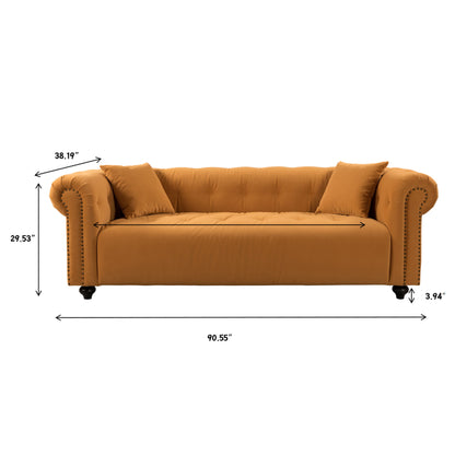 Retro Medieval Style Sofa With Roll Arms And Throw Pillows - Orange