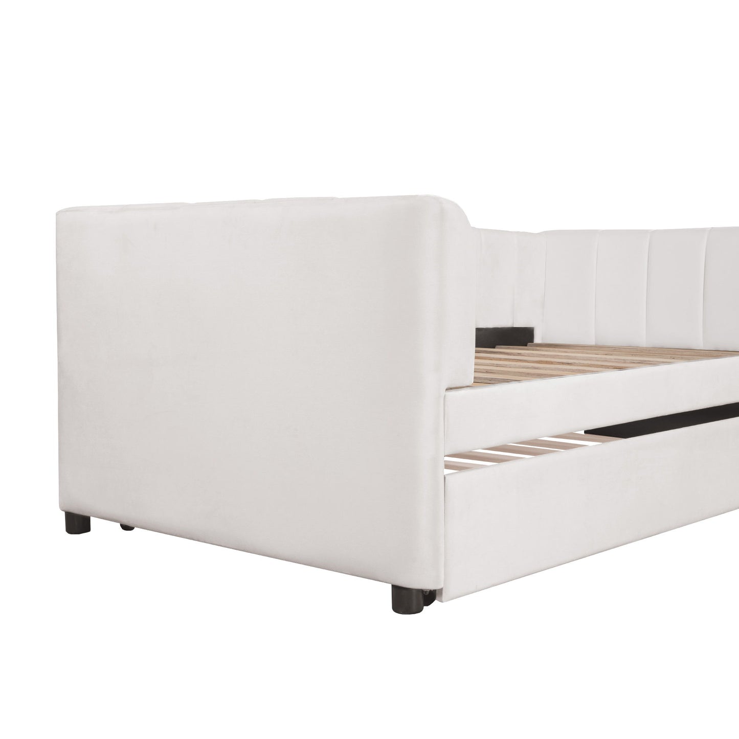 Twin Size Upholstered Daybed With Ergonomic Design Backrest And Trundle - Beige