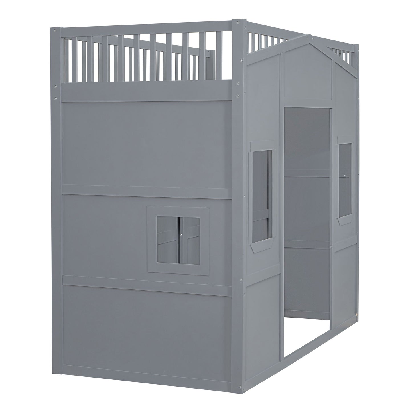 Twin Size House Loft Bed With Ladder And Wardrobe - Gray