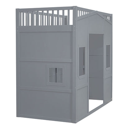 Twin Size House Loft Bed With Ladder And Wardrobe - Gray