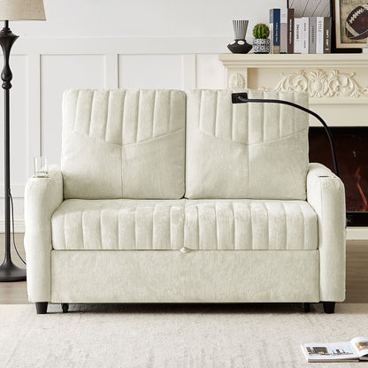 Modern Loveseat Pull Out Sofa Bed With Adjustable Backrest, Two Cup Holders, A Phone Holder, Three Charging Ports And Side Storage Pockets For Living Room - Beige